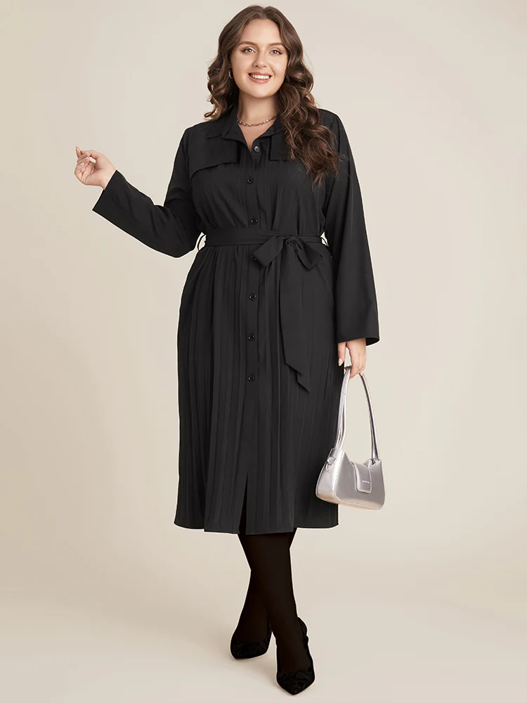 Solid Belted Pleated Shirt Collar Dress - Image 2