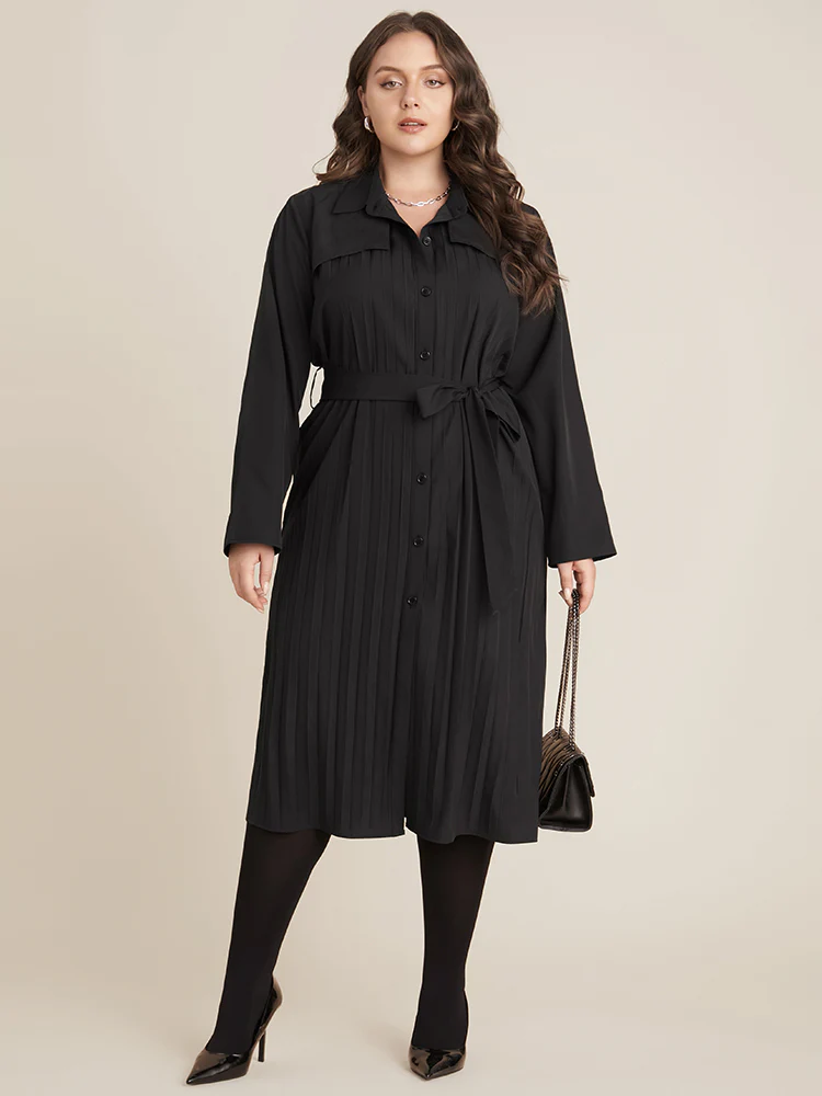 Solid Belted Pleated Shirt Collar Dress - Image 3