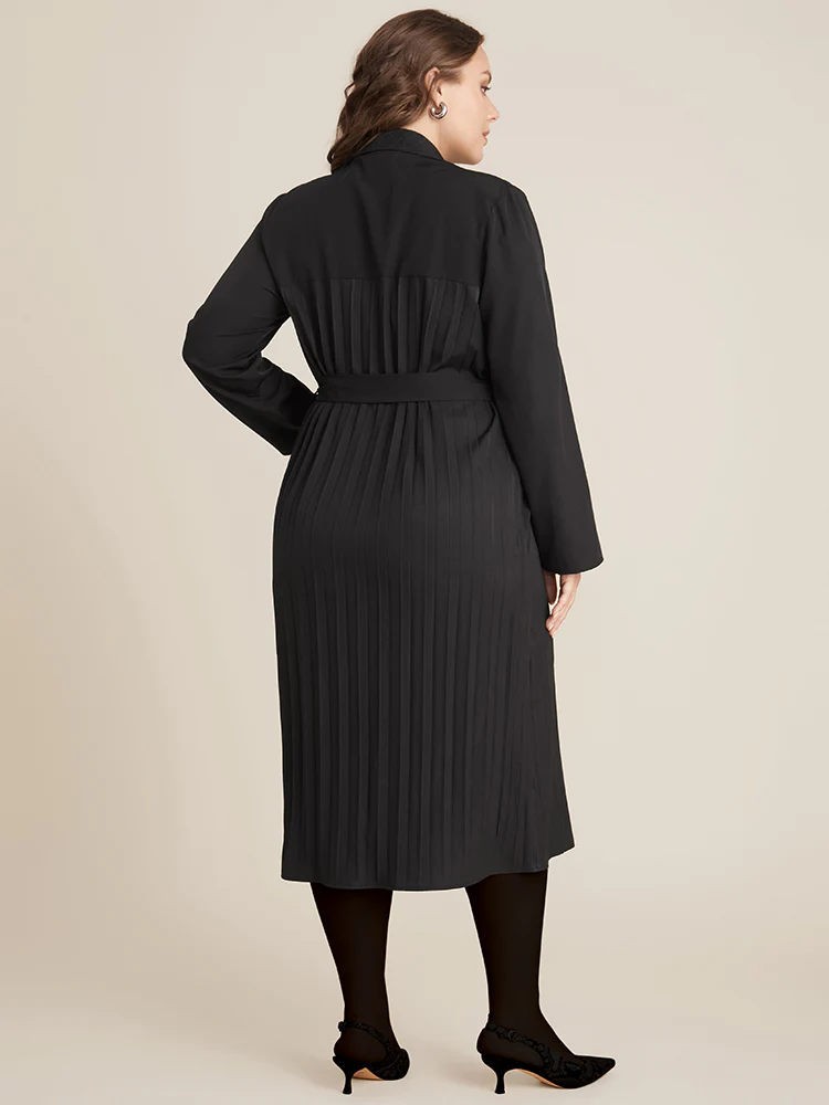 Solid Belted Pleated Shirt Collar Dress - Image 4