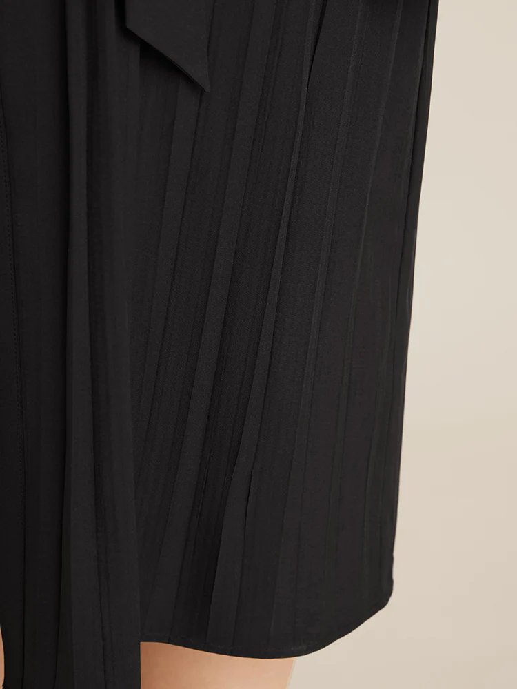 Solid Belted Pleated Shirt Collar Dress - Image 5