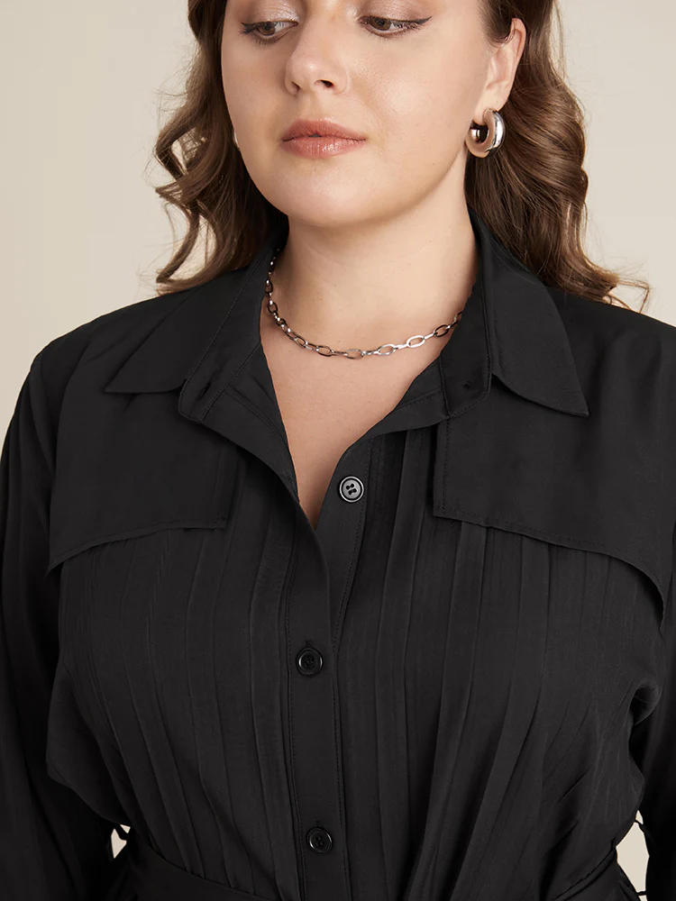 Solid Belted Pleated Shirt Collar Dress - Image 6