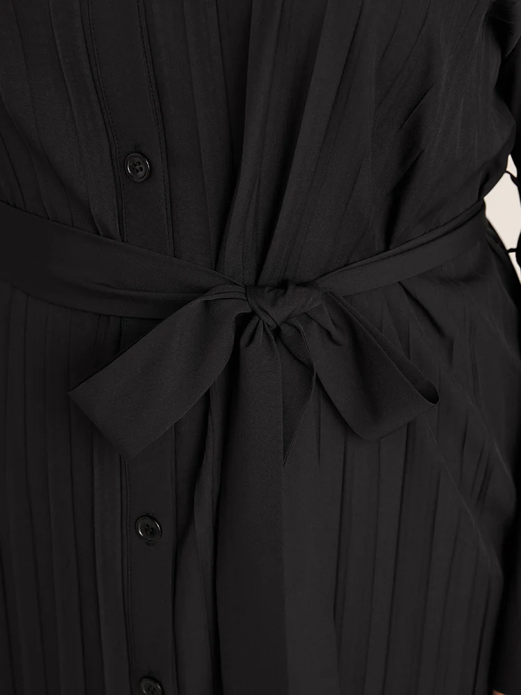 Solid Belted Pleated Shirt Collar Dress - Image 7