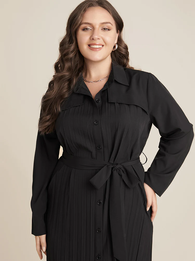 Solid Belted Pleated Shirt Collar Dress - Image 8