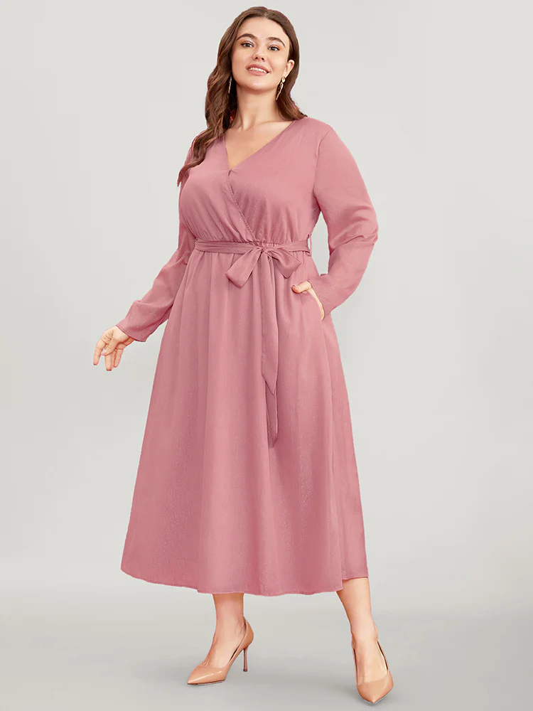 Solid Pocket Belted Surplice Neck Midi Dress - Image 2