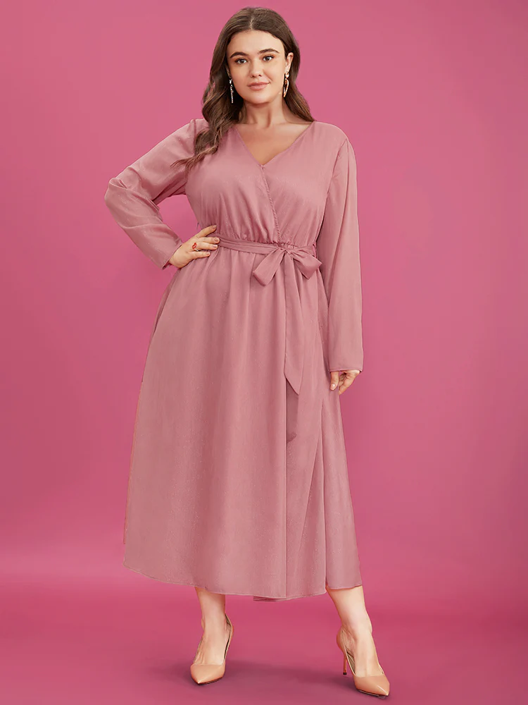 Solid Pocket Belted Surplice Neck Midi Dress - Image 3