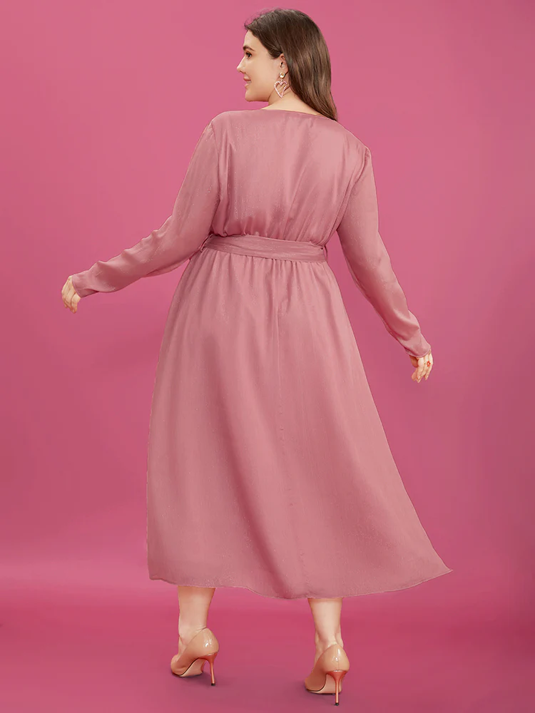 Solid Pocket Belted Surplice Neck Midi Dress - Image 4