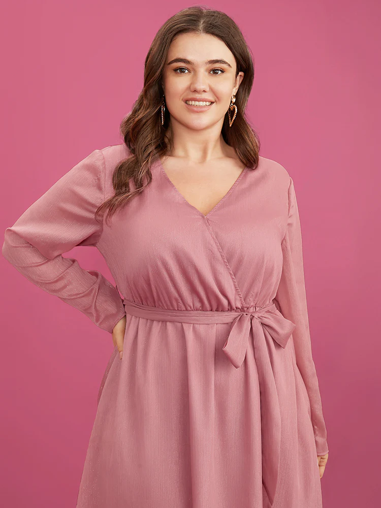 Solid Pocket Belted Surplice Neck Midi Dress - Image 5