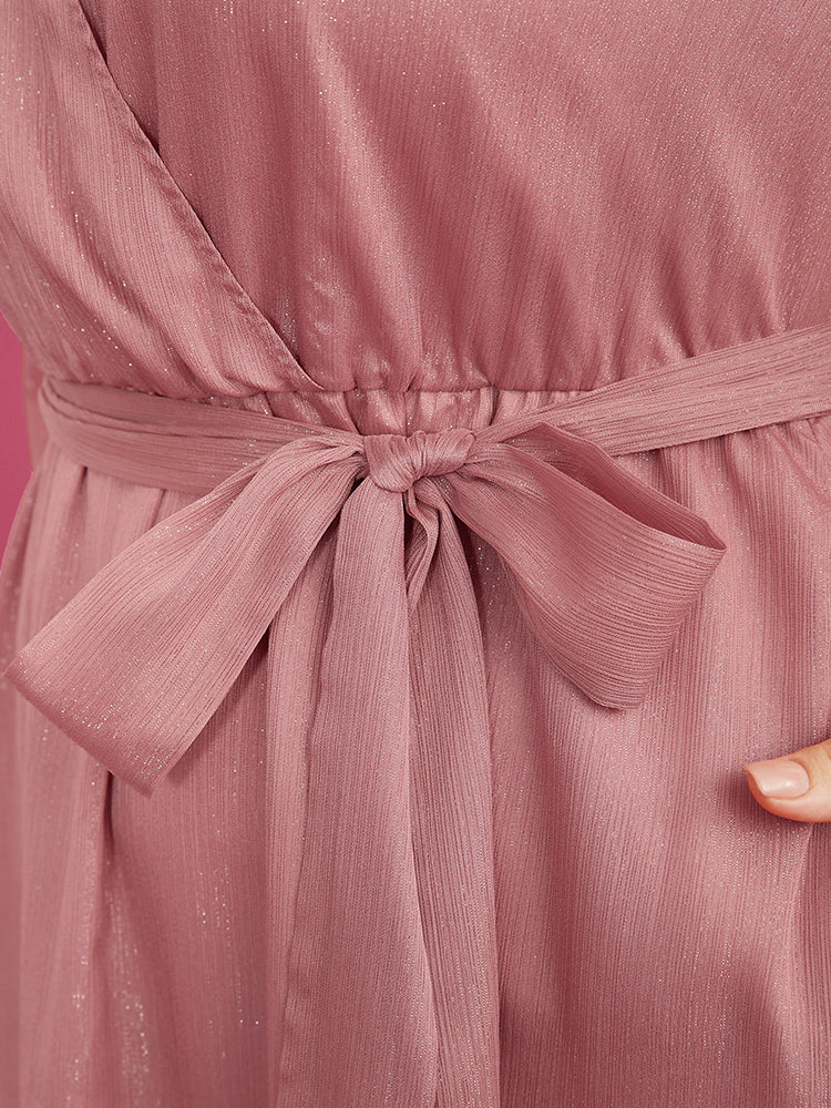 Solid Pocket Belted Surplice Neck Midi Dress - Image 8