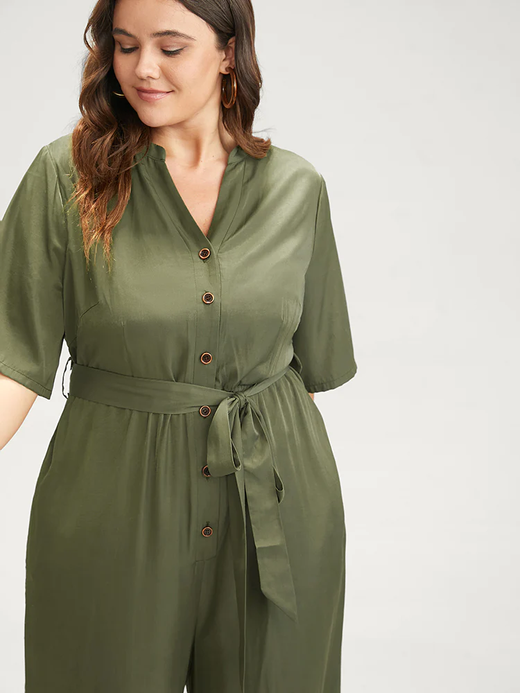 Solid Pocket Button Belted Jumpsuit - Image 2
