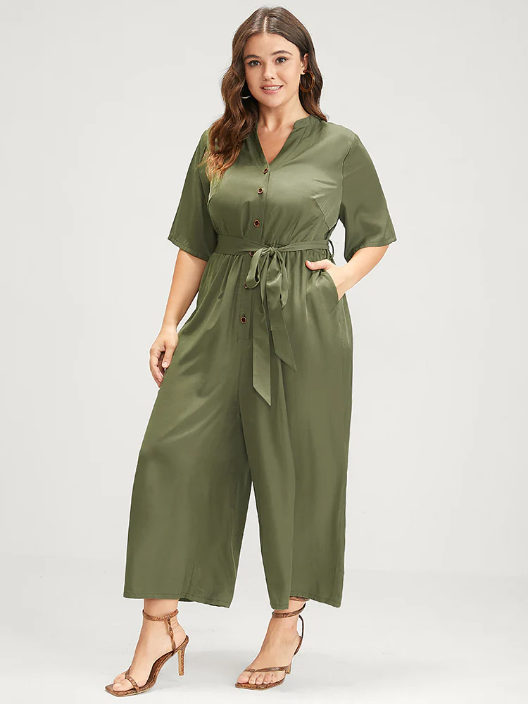 Solid Pocket Button Belted Jumpsuit - Image 3
