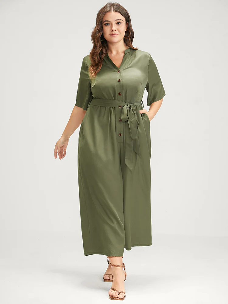 Solid Pocket Button Belted Jumpsuit - Image 4