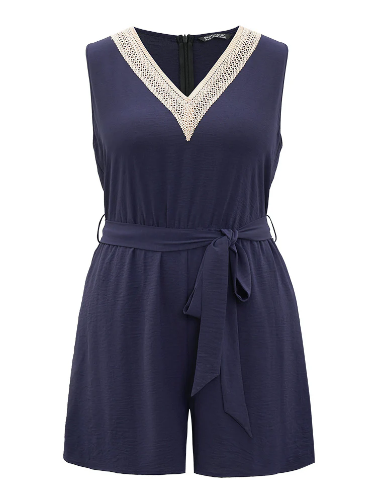 Solid Pocket Contrast Lace Belted Tank Romper - Image 12