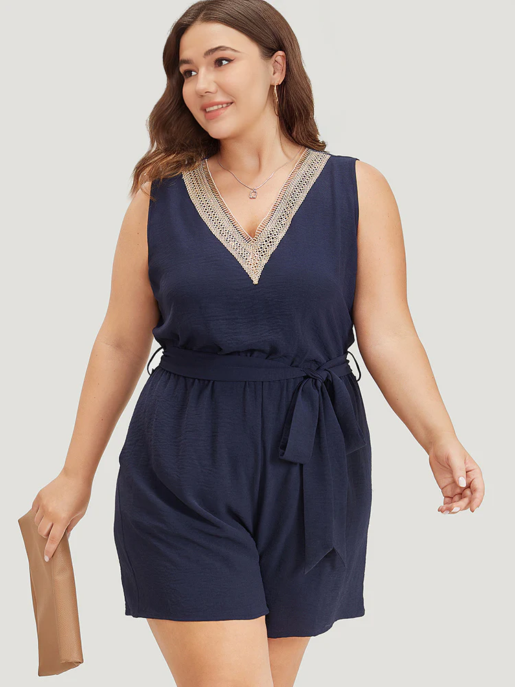 Solid Pocket Contrast Lace Belted Tank Romper - Image 2