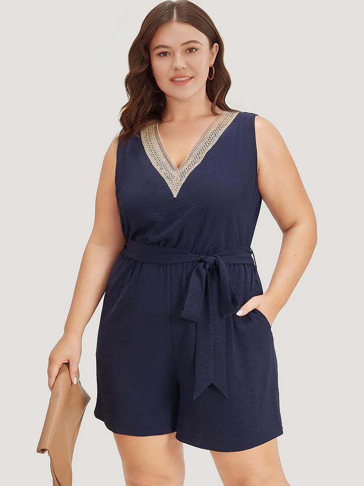 Solid Pocket Contrast Lace Belted Tank Romper - Image 3