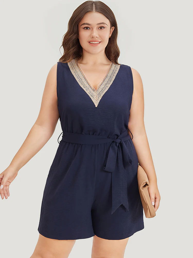 Solid Pocket Contrast Lace Belted Tank Romper - Image 4