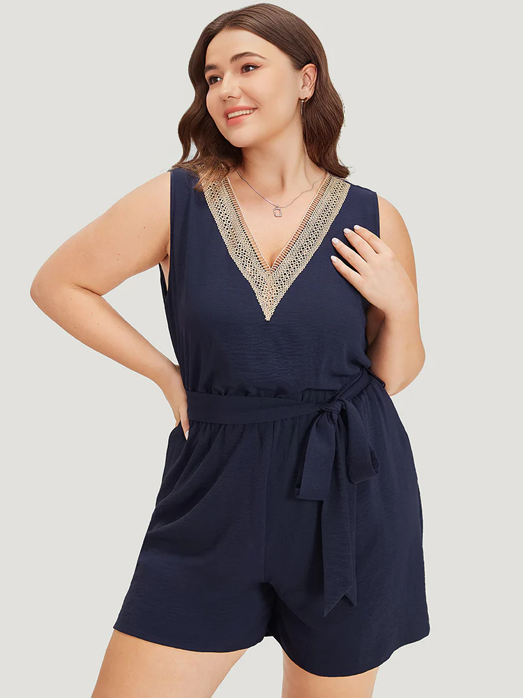 Solid Pocket Contrast Lace Belted Tank Romper - Image 5
