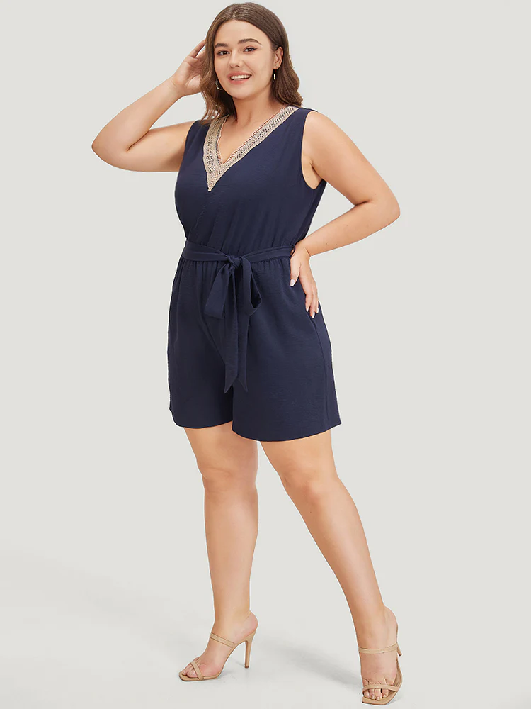 Solid Pocket Contrast Lace Belted Tank Romper - Image 6