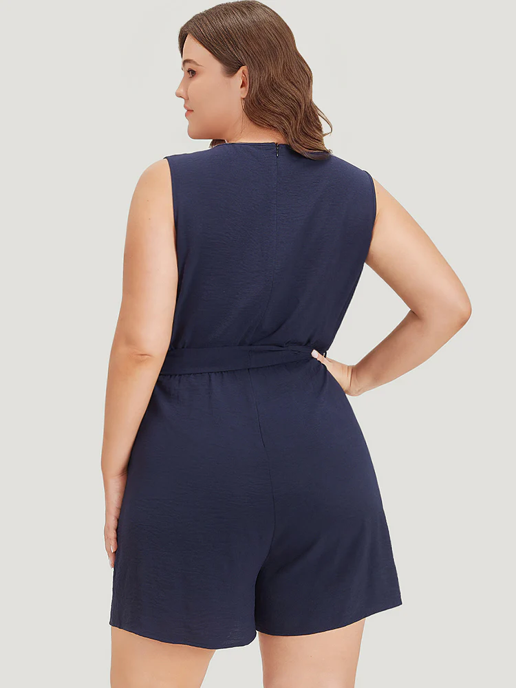 Solid Pocket Contrast Lace Belted Tank Romper - Image 7