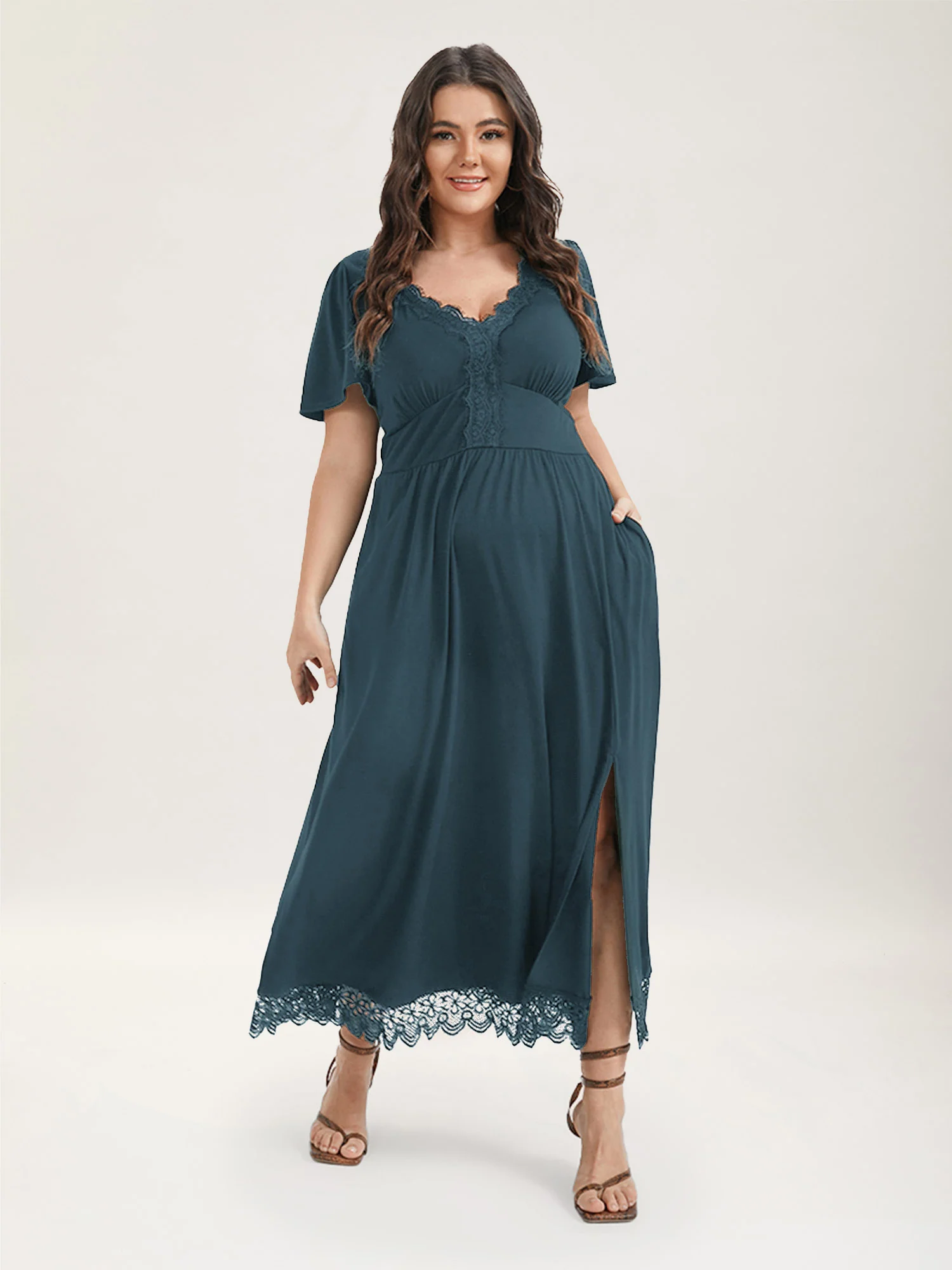 Solid Pocket Contrast Lace Split Maxi Dress - Image 3