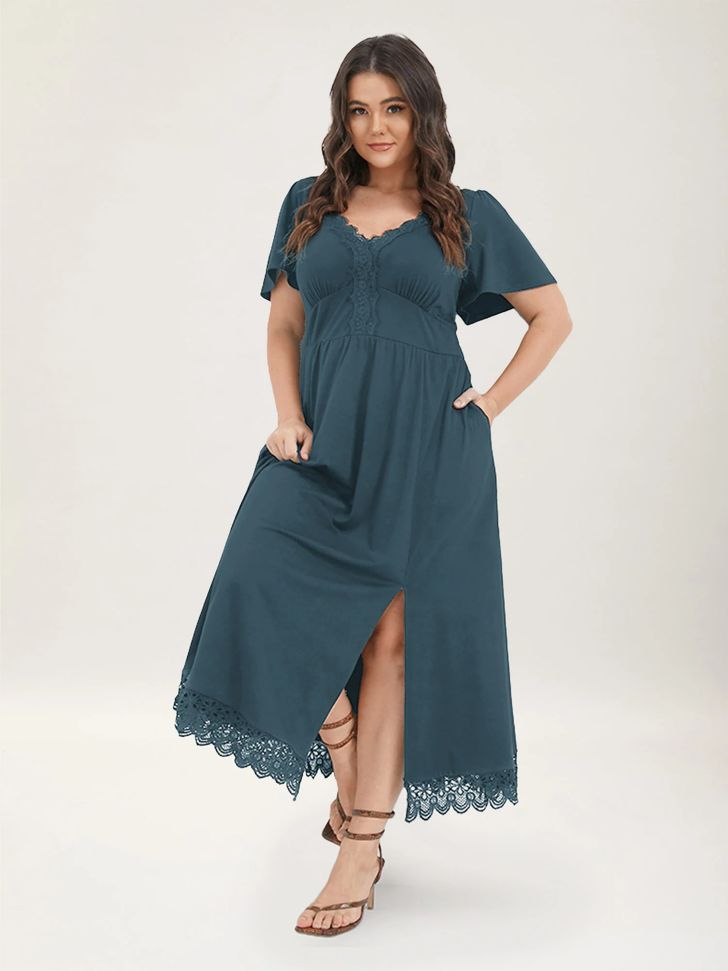Solid Pocket Contrast Lace Split Maxi Dress - Image 4