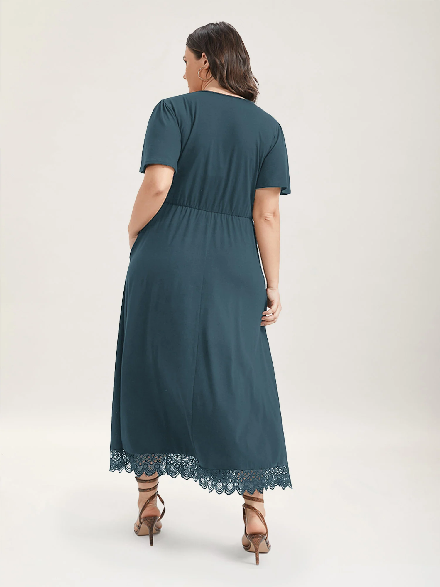 Solid Pocket Contrast Lace Split Maxi Dress - Image 5