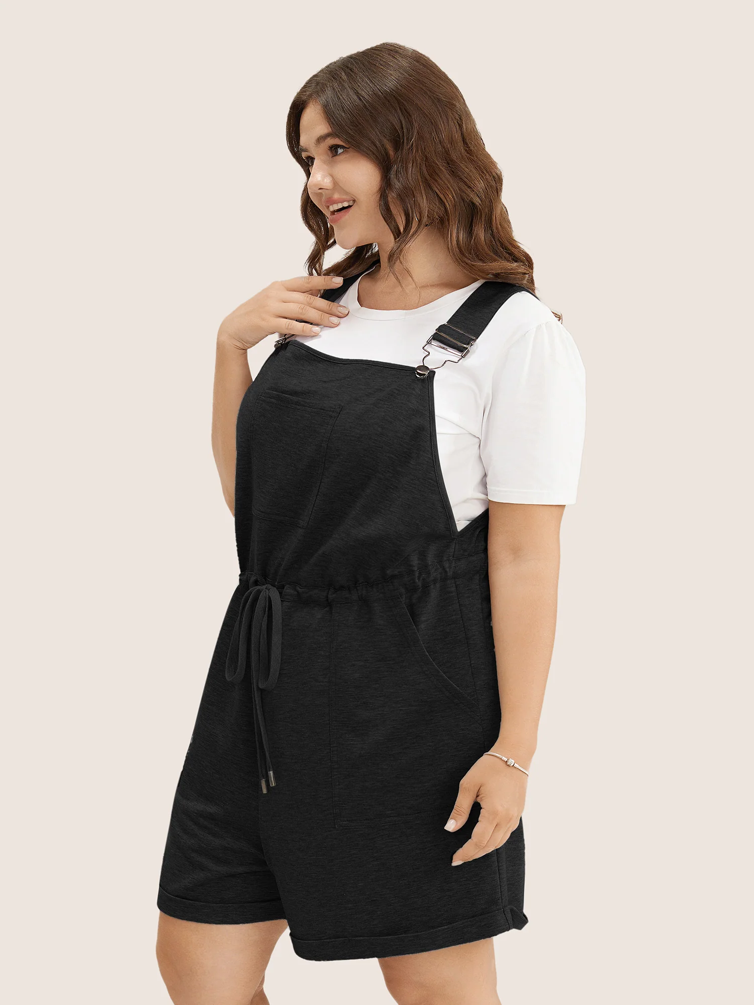 Solid Pocket Drawstring Overall Romper - Image 3