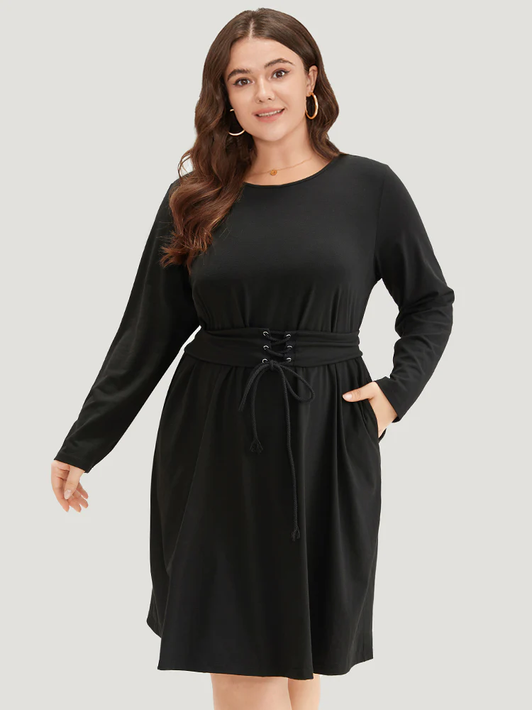 Solid Pocket Drawstring Ties Dress - Image 3