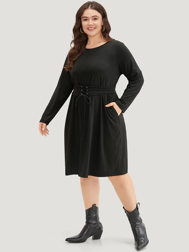 Solid Pocket Drawstring Ties Dress - Image 5