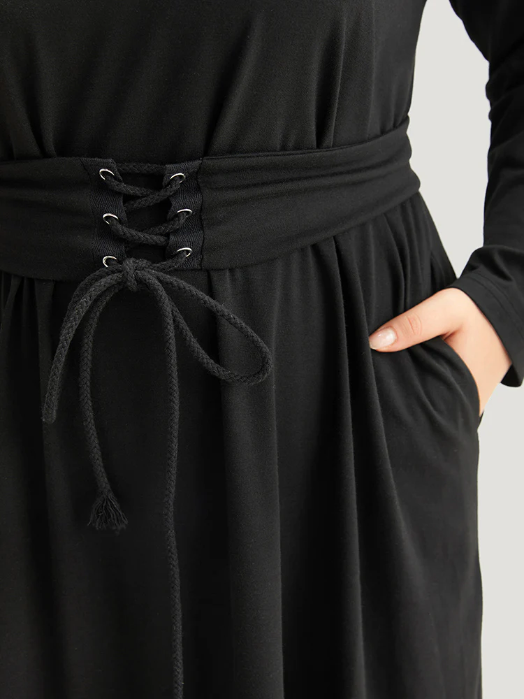 Solid Pocket Drawstring Ties Dress - Image 6