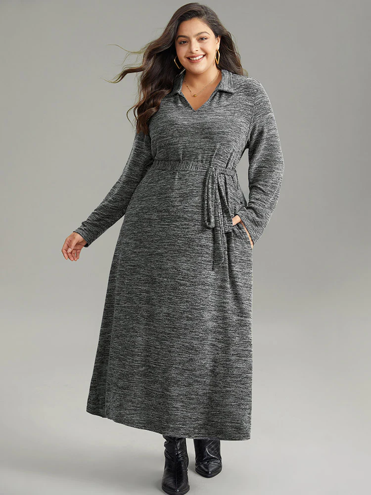 Solid Pocket Elastic Waist Ties Split Hem Dress - Image 2