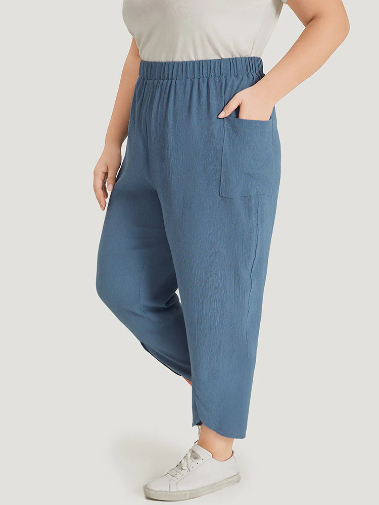 Solid Pocket Elastic Waist Wrap Hem Pants - Image 2