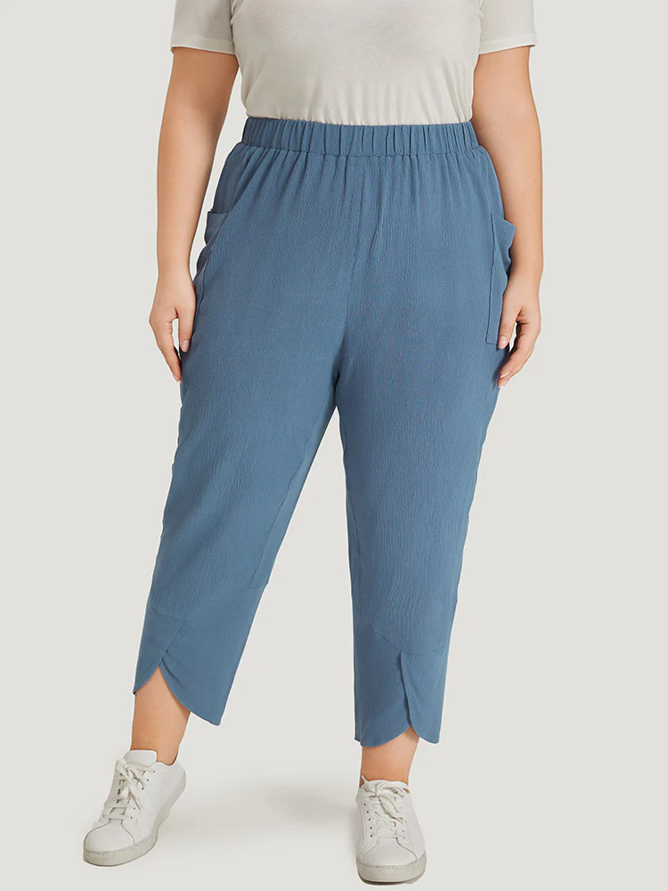 Solid Pocket Elastic Waist Wrap Hem Pants - Image 3