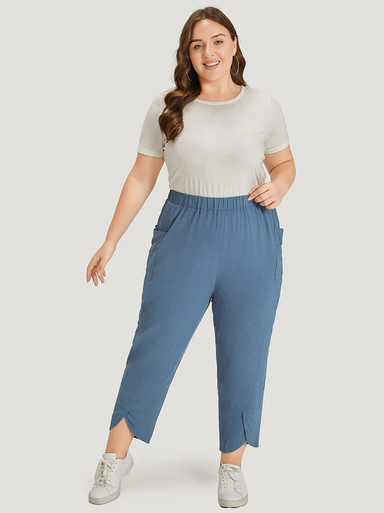 Solid Pocket Elastic Waist Wrap Hem Pants - Image 4
