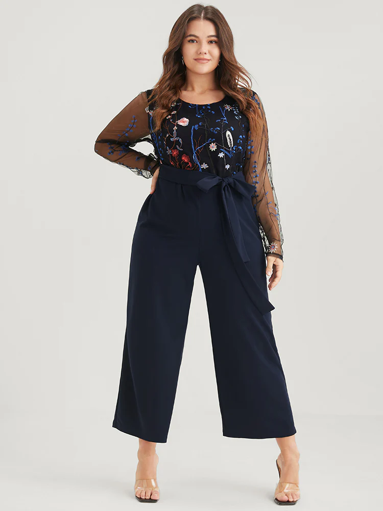 Solid Pocket Embroidered Mesh Sleeve Knotted Jumpsuit - Image 2