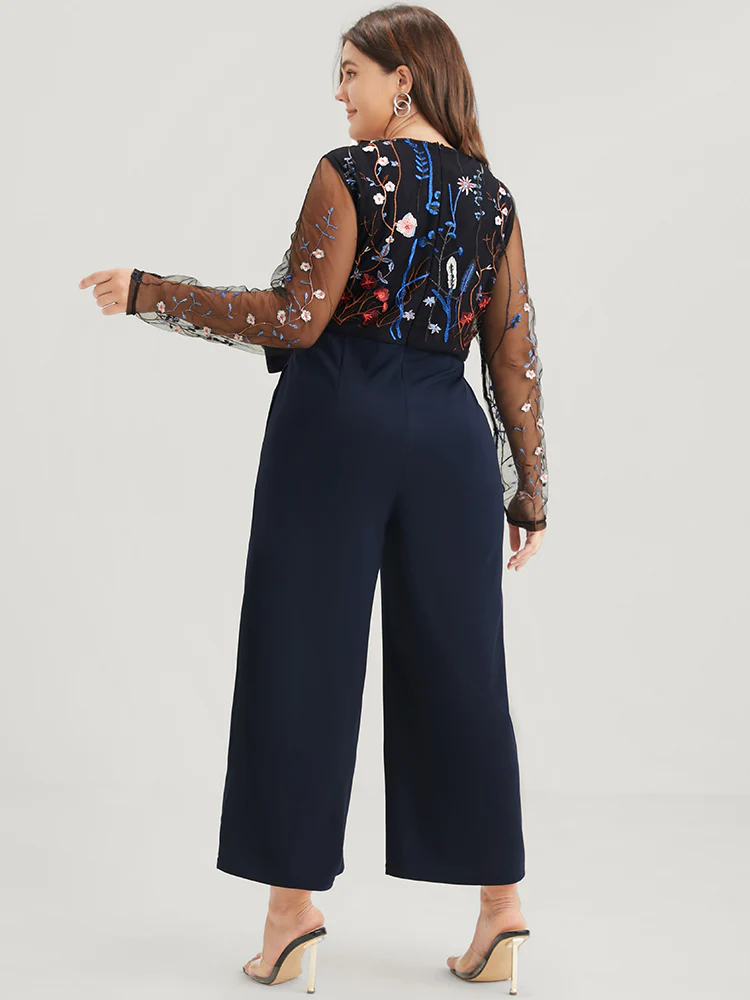 Solid Pocket Embroidered Mesh Sleeve Knotted Jumpsuit - Image 3