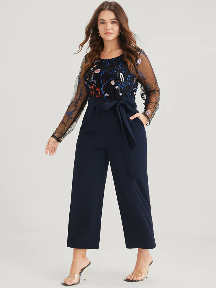 Solid Pocket Embroidered Mesh Sleeve Knotted Jumpsuit - Image 4