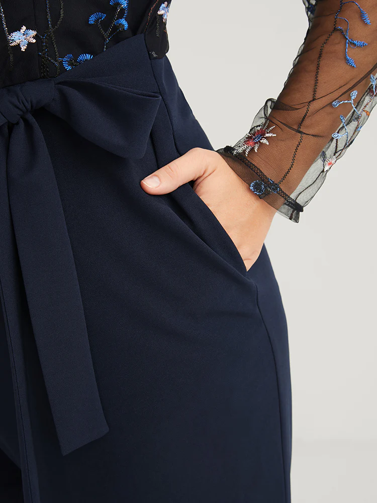 Solid Pocket Embroidered Mesh Sleeve Knotted Jumpsuit - Image 6