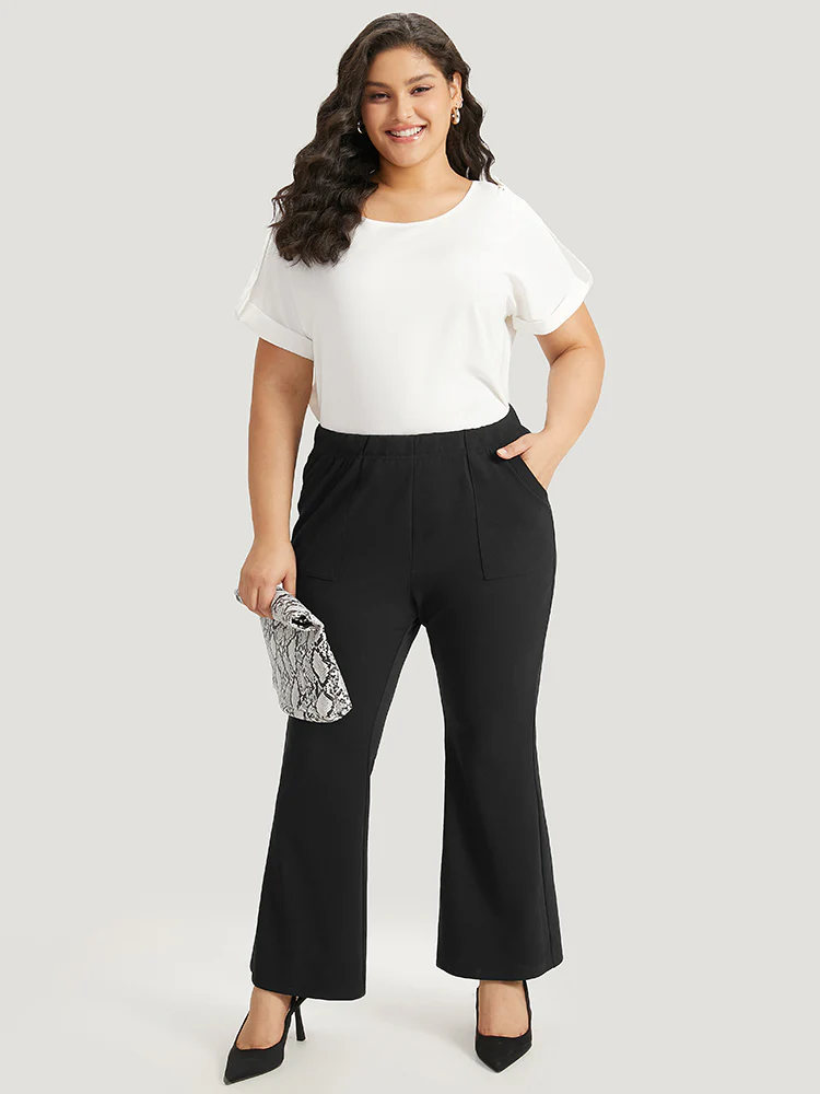 Solid Pocket Flare Leg Elastic Waist Pants - Image 3