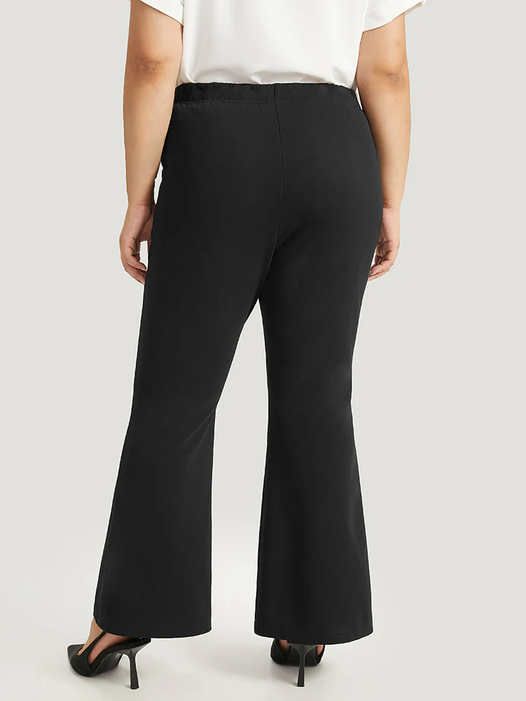 Solid Pocket Flare Leg Elastic Waist Pants - Image 4