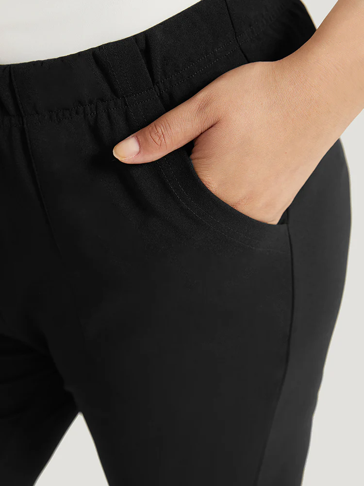 Solid Pocket Flare Leg Elastic Waist Pants - Image 5