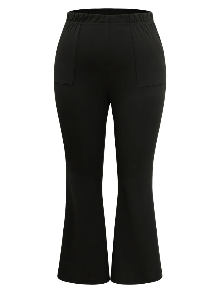 Solid Pocket Flare Leg Elastic Waist Pants - Image 7