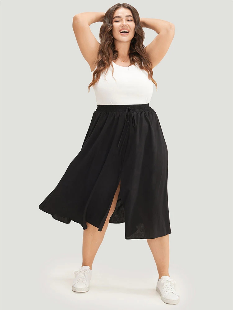 Solid Pocket Knot Elastic Waist Split Hem Skirt - Image 2
