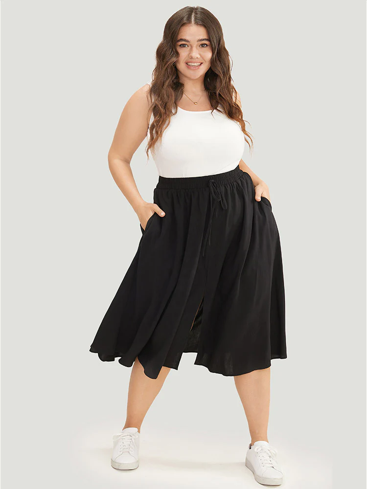 Solid Pocket Knot Elastic Waist Split Hem Skirt - Image 3