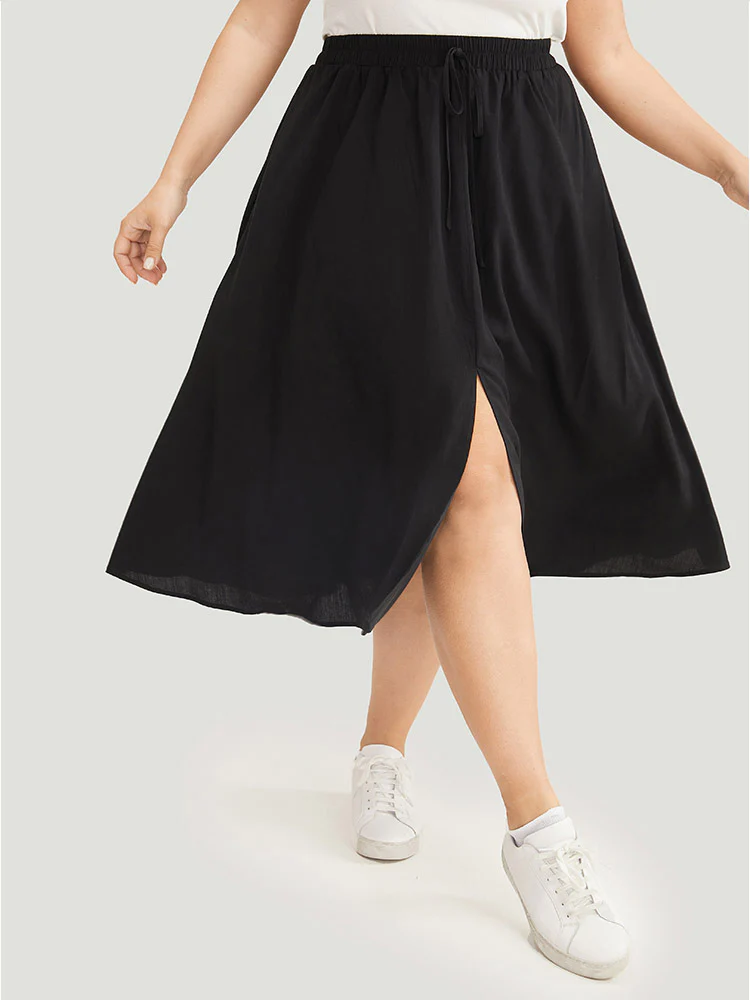 Solid Pocket Knot Elastic Waist Split Hem Skirt - Image 4