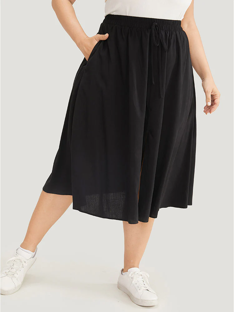 Solid Pocket Knot Elastic Waist Split Hem Skirt - Image 5