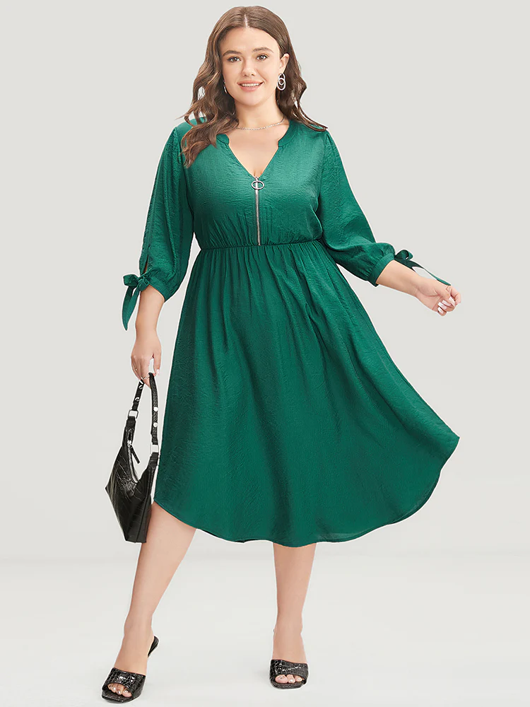 Solid Pocket Knot Sleeve Half Zipper Arc Hem  Dress - Image 2