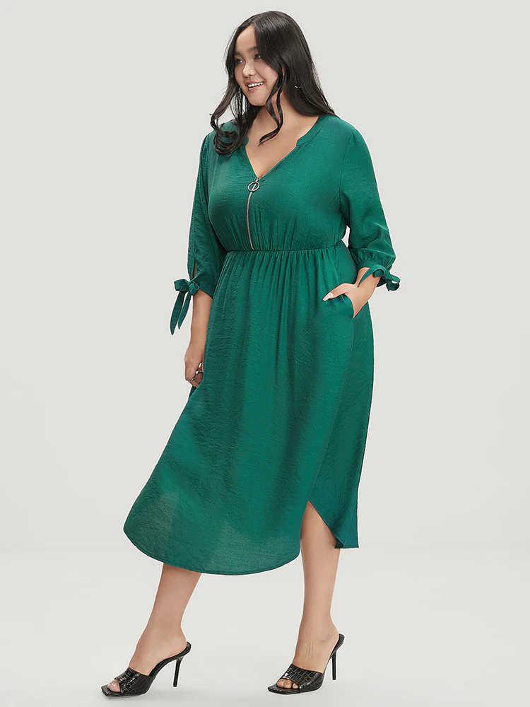 Solid Pocket Knot Sleeve Half Zipper Arc Hem  Dress - Image 3