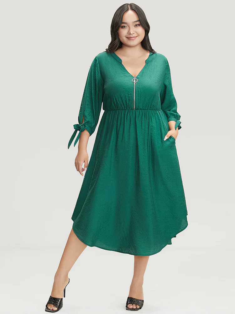 Solid Pocket Knot Sleeve Half Zipper Arc Hem  Dress - Image 4