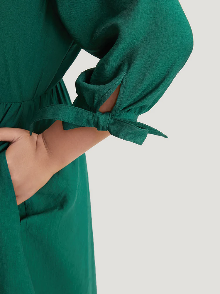 Solid Pocket Knot Sleeve Half Zipper Arc Hem  Dress - Image 6