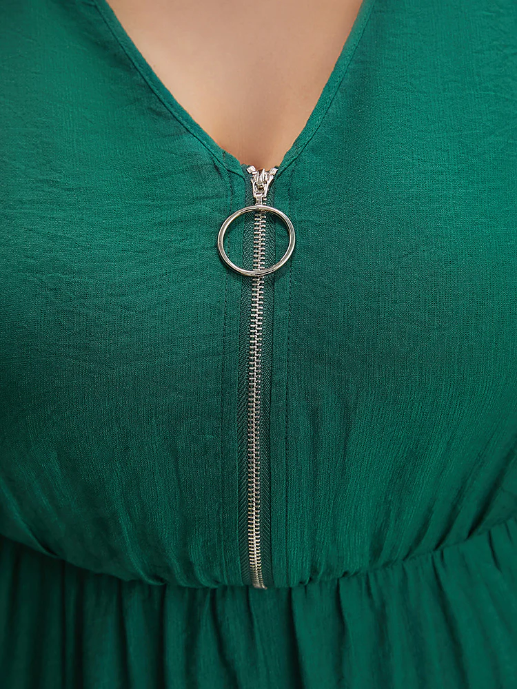 Solid Pocket Knot Sleeve Half Zipper Arc Hem  Dress - Image 7